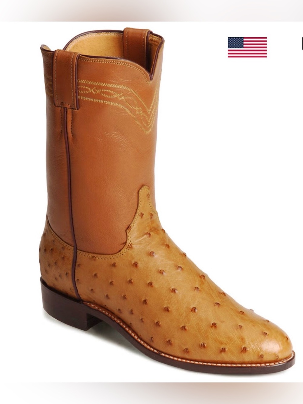Justin Men's Cognac Full Quill Ostrich Leather Cowboy Western Roper Boots 9D